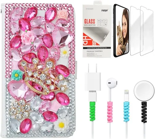 Vista 9 de Bling - Funda de piel con tapa para iPod Touch 5ª, 6ª y 7ª - Elegante - Diseño de flores en 3D - Funda de piel con protector de pantalla y protector