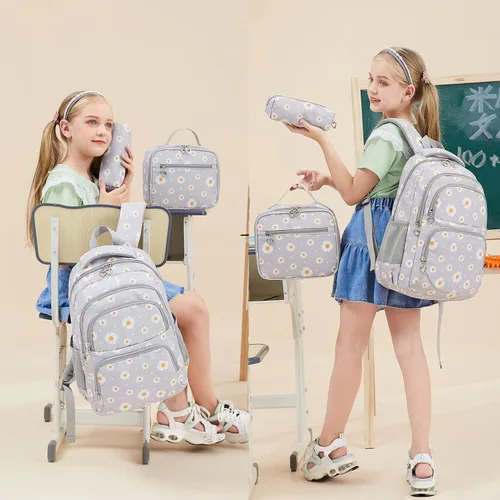 Vista 6 de goldwheat Mochilas impresas margaritas con paquete de almuerzo, estuche de lápices 3pcs, bolsa ligera resistente al agua para la escuela secundaria