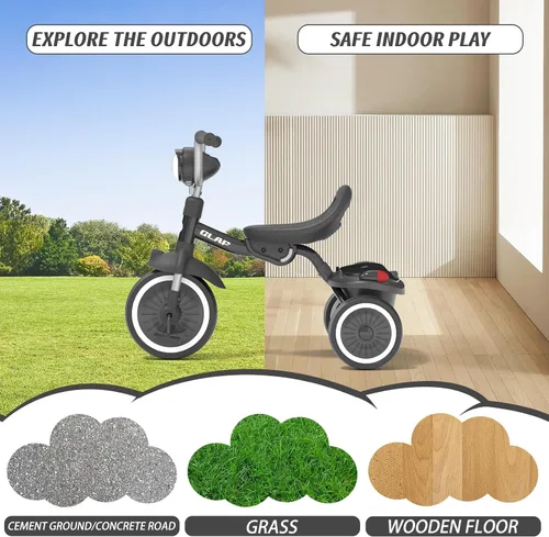Vista 7 de Glaf Bicicleta para niños de 2 a 5 años, triciclo para niños pequeños de 1 a 3 años, triciclo con asiento ajustable y cesta de almacenamiento, Negro
