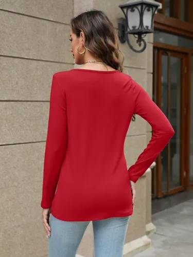 Vista 4 de Micticsi Camisetas de manga larga con cuello en V para mujer, camisetas de otoño de manga larga ajustadas