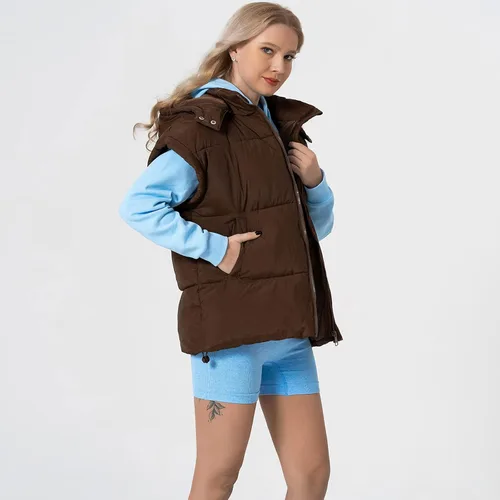 Vista 53 de Shiyifa Chaleco acolchado para mujer, chaqueta de gran tamaño, sin mangas, ligera, con cremallera, con capucha desmontable