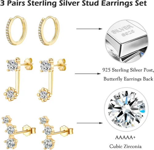 Vista 6 de Aretes de tuerca de plata de ley para mujeres y niñas, 3 pares de aretes de tuerca de cartílago pequeños, platadorado