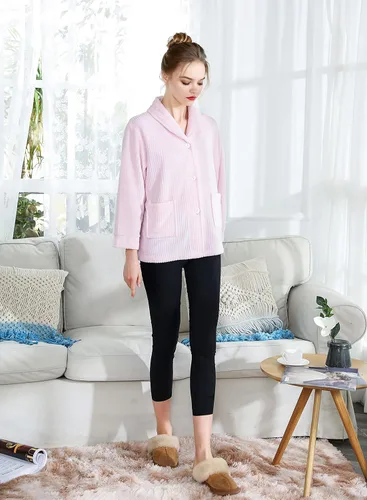 Vista 2 de Chaqueta de cama con cuello de chal de forro polar coral con aguja azul para mujer