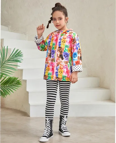 Vista 3 de QPANCY Chamarras de lluvia para niñas, ligeras, impermeables, con capucha, de longitud media, rompevientos para niños