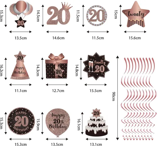 Vista 2 de Decoración de techo de remolinos colgantes de 20 años, 20 espirales colgantes de papel de aluminio con recortes para 20 años de edad, suministros