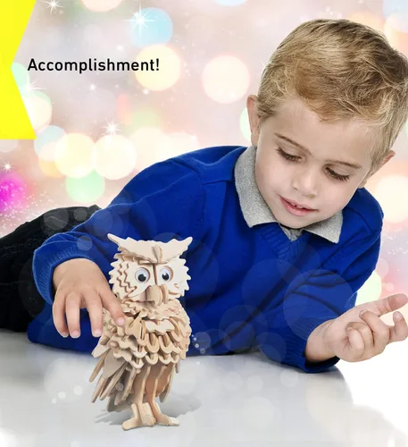 Vista 6 de Puzzled Rompecabezas 3D de madera de búho, kit de modelo de construcción de artesanía, divertido juguete de madera único y educativo