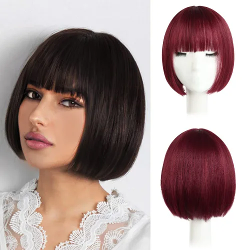 Vista 20 de Pelucas Bob con flequillo, peluca de cabello castaño rojizo de 10 Caoba