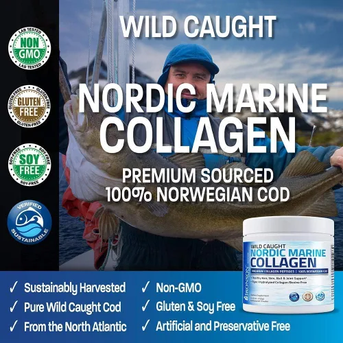 Vista 6 de Bronson Polvo de proteína hidrolizada de péptidos marinos de colágeno 100% salvaje capturado en la naturaleza Bacalao nórdico Vitamina C Polvo puro