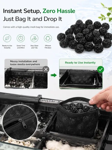 Vista 7 de J-star 50 bolas de filtro bio para tanque de peces de 1 pulgada, medios de filtro para acuario y estanque, incluye bolsas de filtro para filtro
