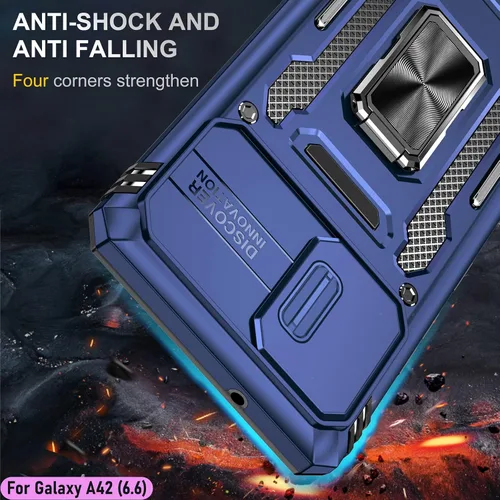 Vista 7 de Funda resistente para Samsung Galaxy A42 (5G), protector híbrido de goma de doble capa de grado militar con protector de cámara deslizante, soporte