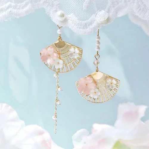 Vista 3 de Pendientes de hoja de Sakura con perlas rosadas Ginkgo Biloba Cat Fairy Flower Statement Pendientes para mujer
