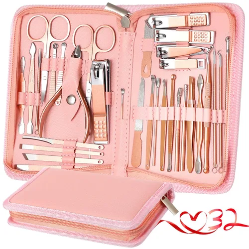 Vista 14 de Juego de manicura y pedicura para mujer, juego de cortaúñas 32 en 1, herramientas profesionales de cuidado de uñas, incluye cuidado facial, uñas
