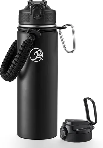 Vista 10 de GOSWAG - Botella de agua de viaje de acero inoxidable aislada de 24 onzas, 2 tapas with straw and no straw, Paracord handle, Double-wall vacuum