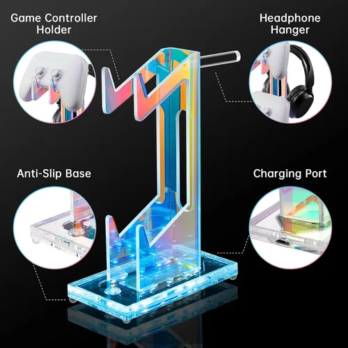 Vista 4 de NiHome Iridescent LED Lighting Acrylic Multi-Tier Game Controller Holder & Headset Stand, USB-Powered 7 Colors & 3 Modes, Anti-Slip Gaming