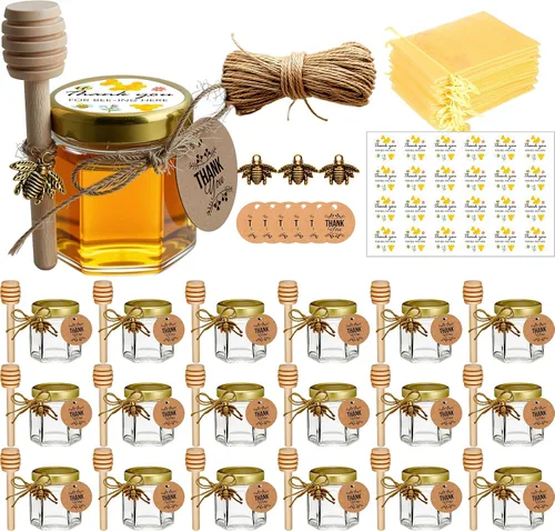 Vista 10 de Adabocute Mini tarros de miel – Tarro hexagonal de miel de vidrio con tapas doradas, cubos de madera, abalorios de abeja y yutes – Pequeños tarros