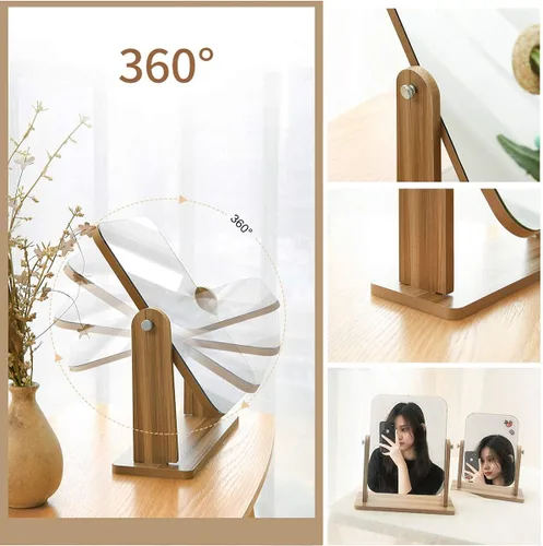 Vista 4 de Tocador HD con base de madera, espejo de maquillaje para dormitorio de niña, giratorio de 360°, espejo de afeitado de escritorio, adornos