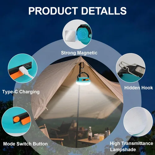 Vista 6 de Luz de campamento recargable, linterna LED para cortes de energía, luz de emergencia impermeable para tienda de campaña con gancho magnético, banco