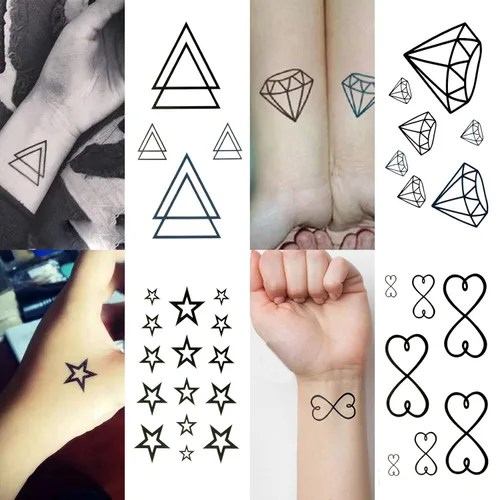 Vista 8 de Kit de tatuajes temporales pequeños y bonitos de 30 hojas, cámara negra con estampado de pies, elefante, estrella, diamante, cruz, pájaro, gato