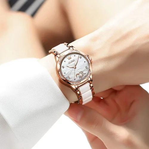 Vista 2 de OLEVS Reloj para mujer automático automático mecánico reloj de pulsera para mujer, cara grande, dos tonos, acero inoxidable, pulsera de cerámica