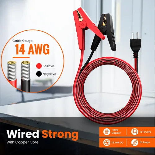 Vista 5 de Journeyman-Pro Cables de carga de batería de CC tipo V compatibles con generador 14AWG 15A 12VCC, abrazaderas de cocodrilo aisladas, cable de 12
