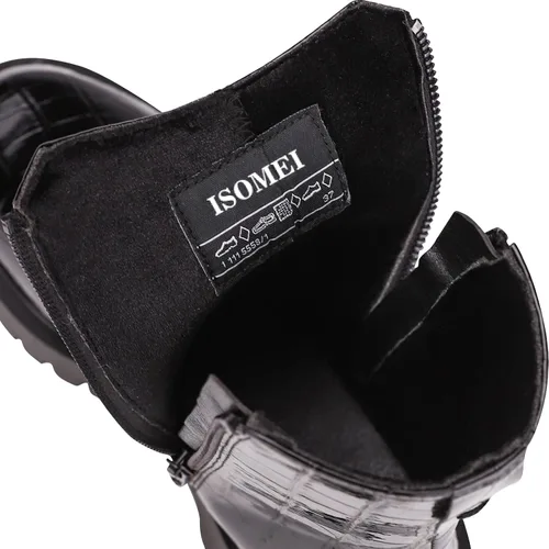 Vista 5 de ISOMEI Botines negros de cocodrilo para mujer botas de combate con cremallera y plataforma de charol