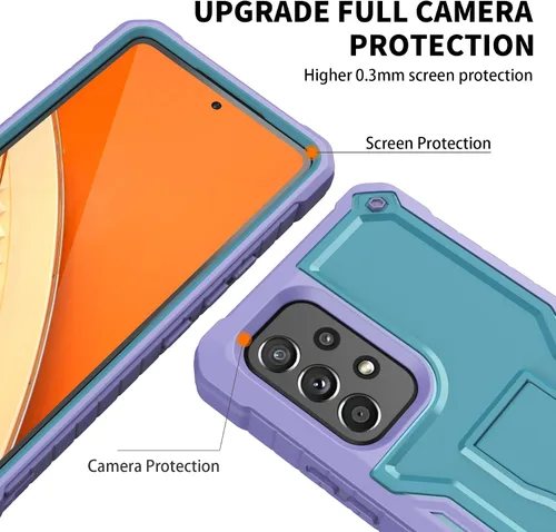 Vista 4 de Funda para Samsung Galaxy A53 5G, protección de grado militar a prueba de golpes con protector de pantalla HD de vidrio templado y soporte Azul