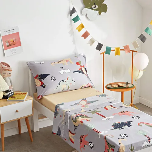 Vista 6 de Juego de ropa de cama de 4 piezas para niños pequeños, dinosaurio con dinosaurios coloridos y monstruos, juego de sábanas para otoño e invierno