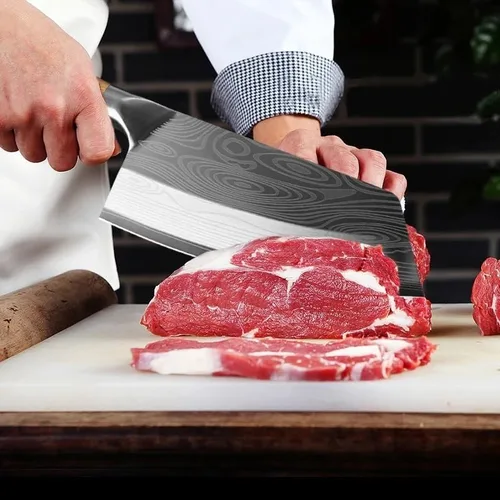 Vista 5 de Cuchillo de carnicero de carne, cuchillo de cocina de 7.5 pulgadas con patrón láser de damasco, cuchillo de chef chino de acero inoxidable, cuchillo