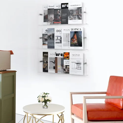 Vista 6 de Soporte para folletos de acrílico transparente de 3 niveles, estante colgante para revistas, estante de almacenamiento de literatura para sala