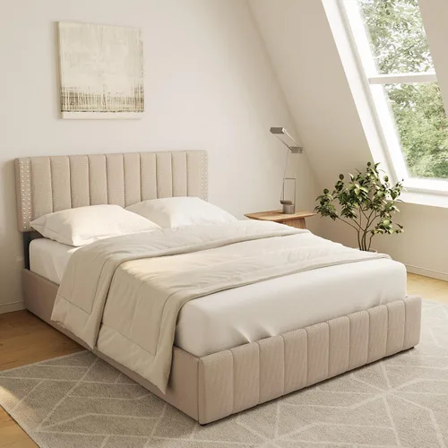 Vista 9 de Gizoon Base de cama matrimonial tapizada con 4 cajones de almacenamiento, cabecera ajustable, sin ruido, soporte de listones de madera, se adapta a