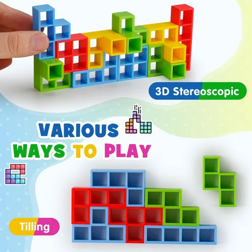 Vista 5 de WOWNOVA 48 piezas Torre Tetra, divertido juego de equilibrio y construcción de bloques para apilar para niños, adultos, amigos, equipo, aula