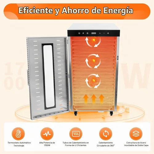Vista 2 de Deshidratador comercial de alimentos 20 bandejas, máquina secadora de alimentos de acero inoxidable de 1700 W con 4 ruedas y pantalla LED, control