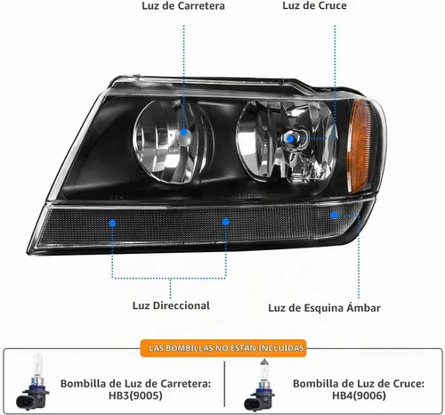Vista 2 de DWVO Conjunto de faros delanteros compatible con Grand Cherokee OE 1999, 2000, 2001, 2002, 2003, 2004, carcasa negra