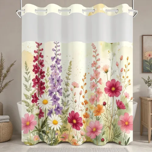 Vista 30 de No Hook Geometric Shower Curtain with Snap in Liner - 71″W x 74″L Waterproof Fabric with Mesh Top Window, Modern Abstract Triangle Design Bath
