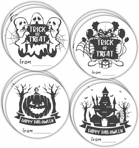 Vista 6 de 40 etiquetas redondas de Halloween, calcomanías redondas con tema de boceto de 2 pulgadas para envoltura de Halloween, 4 estilos de calavera