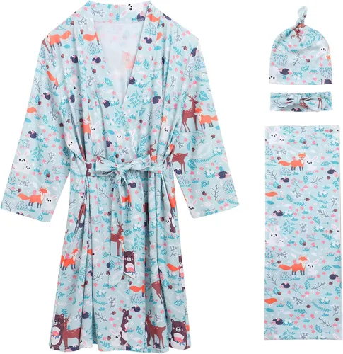 Vista 2 de AWIBMK Mom and Me Robe and Swaddle Set and T-Shirt Hospital Labor Delivery Swaddling with Headband Hat for Mom Dad Baby
