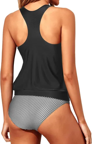Vista 2 de Yonique Women Two Piece Tankini Blouson Swimsuit Bathing Suits Racerback Swim Tank Tops with Bottoms Tummy Control Swimwear