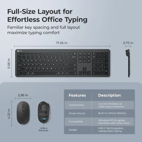 Vista 8 de iClever GK08 - Teclado y mouse inalámbricos, combo de teclado recargable, ergonómico, silencioso, diseño de tamaño completo con teclado numérico
