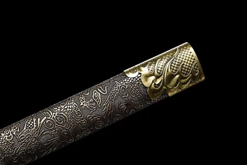 Vista 6 de Espada de hoja recta de acero al carbono hecha a mano con patrón genial, espada Dragón Tang Dao china Dorado