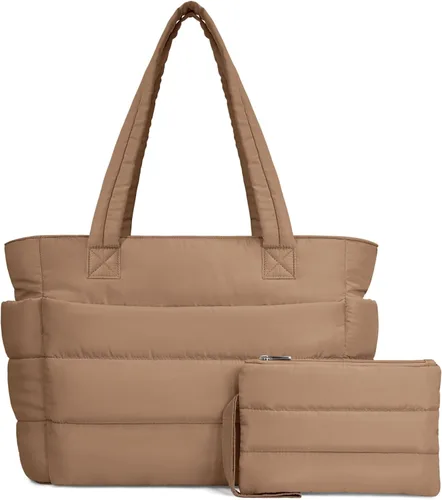 Vista 25 de TOPDesign Bolsa Tote Acolchada para Mujer, Bolso de Mano Ligero Inflado con Compartimentos, Bolsa de Hombro Acolchada para Trabajo, Viajes, Gimnasio