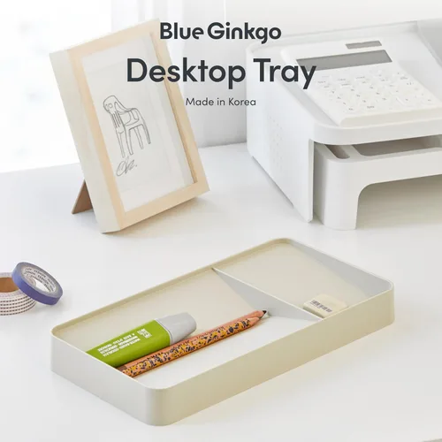 Vista 2 de BLUE GINKGO Bandeja de escritorio – Organizador fabricado en Corea para notas, bolígrafos, lápices y accesorios (doble cara, beige)