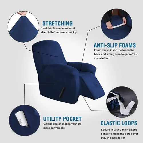 Vista 5 de Fundas impermeables de terciopelo para sofá reclinable, 8 fundas elásticas para sofá reclinable de 1, 2 y 3 plazas, funda suave antideslizante
