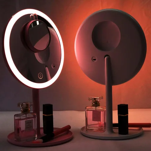 Vista 8 de Espejo LED de maquillaje de viaje con luces, con un mini espejo compacto portátil de tamaño de bolsillo con aumento 5X, base redonda, rosa