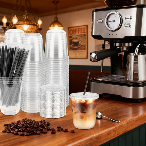 Vista 2 de Paquete de 100 vasos de plástico transparente con tapas planas y pajitas, tazas desechables de 12 onzas para café helado, vasos de plástico