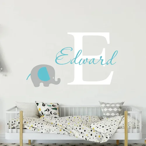 Vista 4 de Adhesivo de pared con nombre personalizado con elefante, calcomanía para el hogar, decoración de vinilo con nombre personalizado para niños, niñas