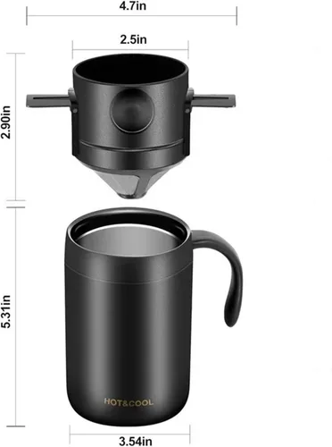 Vista 2 de Cafetera portátil de 16 onzas con filtro plegable y agitador, taza de viaje aislada de acero inoxidable con tapa, no necesita filtro de papel, sin