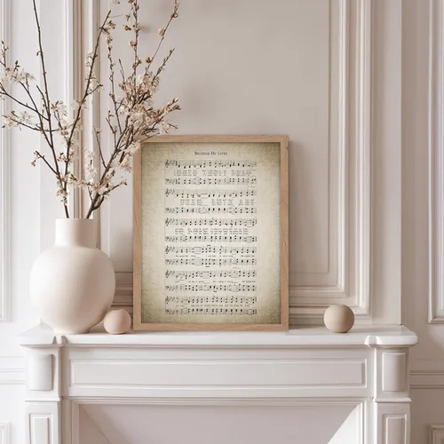 Vista 5 de Monem Art - Póster de partitura de música vintage, impresión de himno retro, regalo para músico, amigo, porque él vive, himno, verso, inspirador