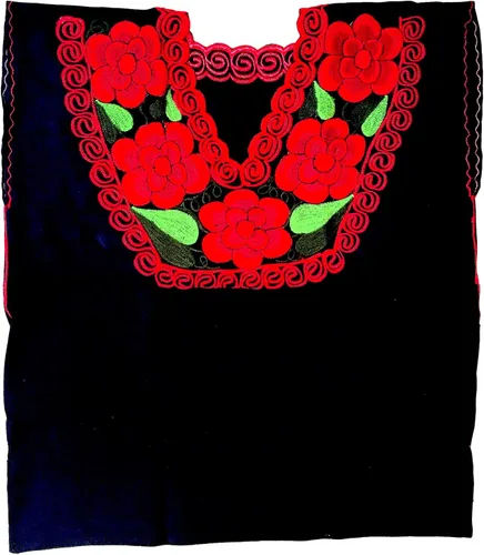 Vista 5 de Casa Fiesta Designs Blusa mexicana floral - Auténtica blusa bordada de Chiapas, hecha a mano, color negro con flores rojas, Negro