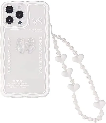 Vista 8 de Casechics Compatible con iPhone 13 Pro, pajarita de cristal, blanco Delgado, suave, transparente, con cadena de pulsera, para mujeres y niñas