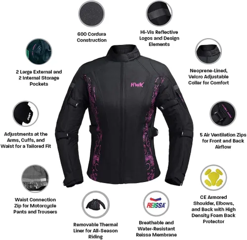 Vista 4 de HWK Chaqueta de motocicleta de aventura/turismo para mujer, chaqueta de motocicleta para mujer con armadura CE para montar en moto enduro